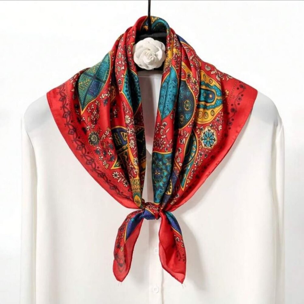 ✨New Elegant Bandana Square Scarf Silky Satin Red Floral Leaves Wrap Stylish✨ - Picture 2 of 4